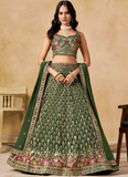 Sequence Embroidered Georgette Green Mehendi Function Lehenga Choli