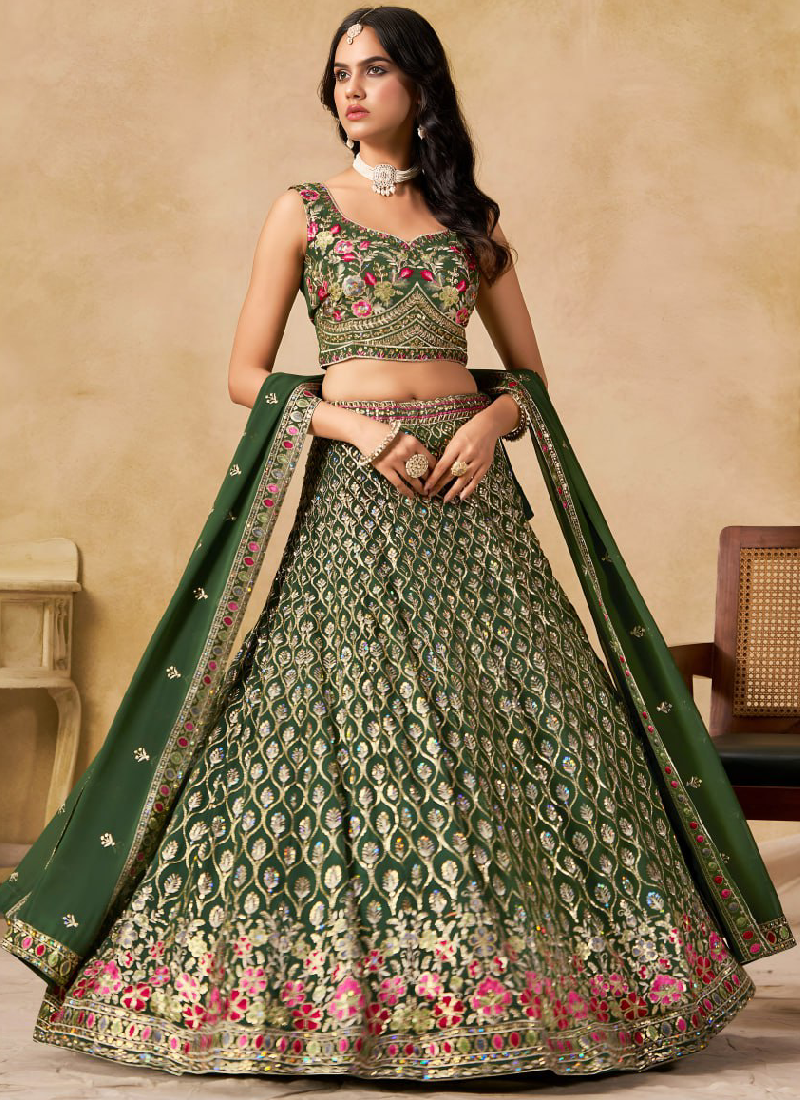 Sequence Embroidered Georgette Green Mehendi Function Lehenga Choli