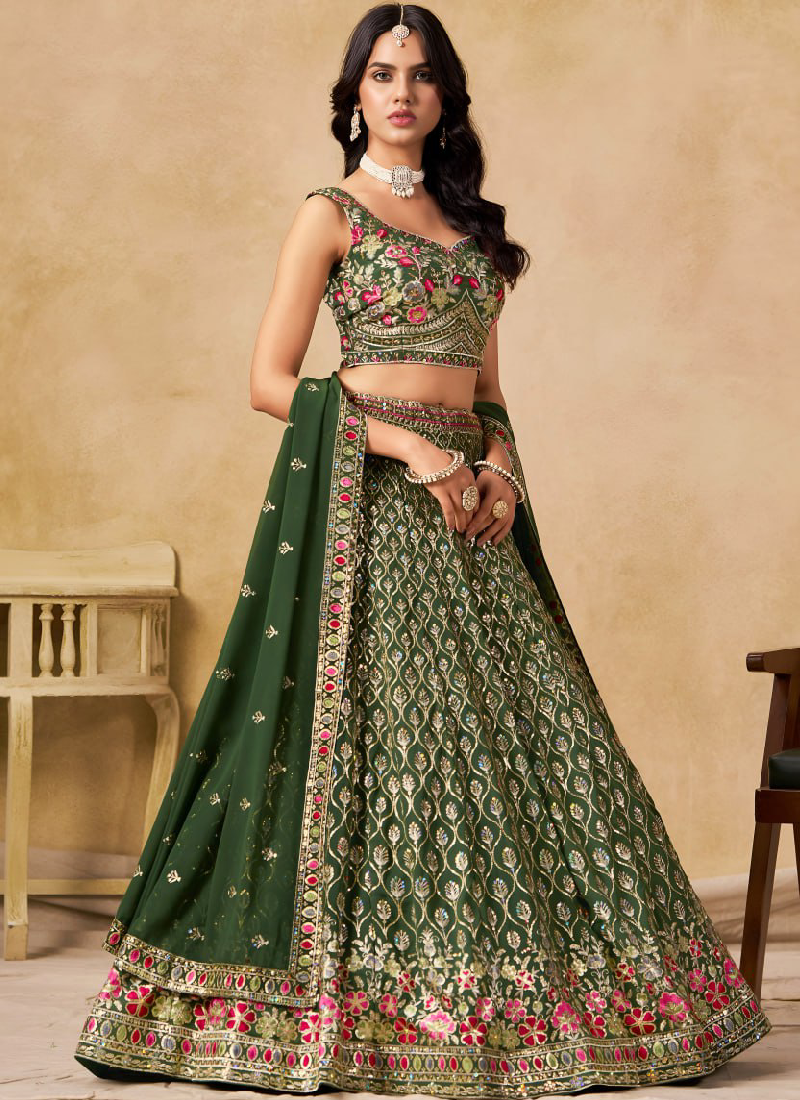 Sequence Embroidered Georgette Green Mehendi Function Lehenga Choli