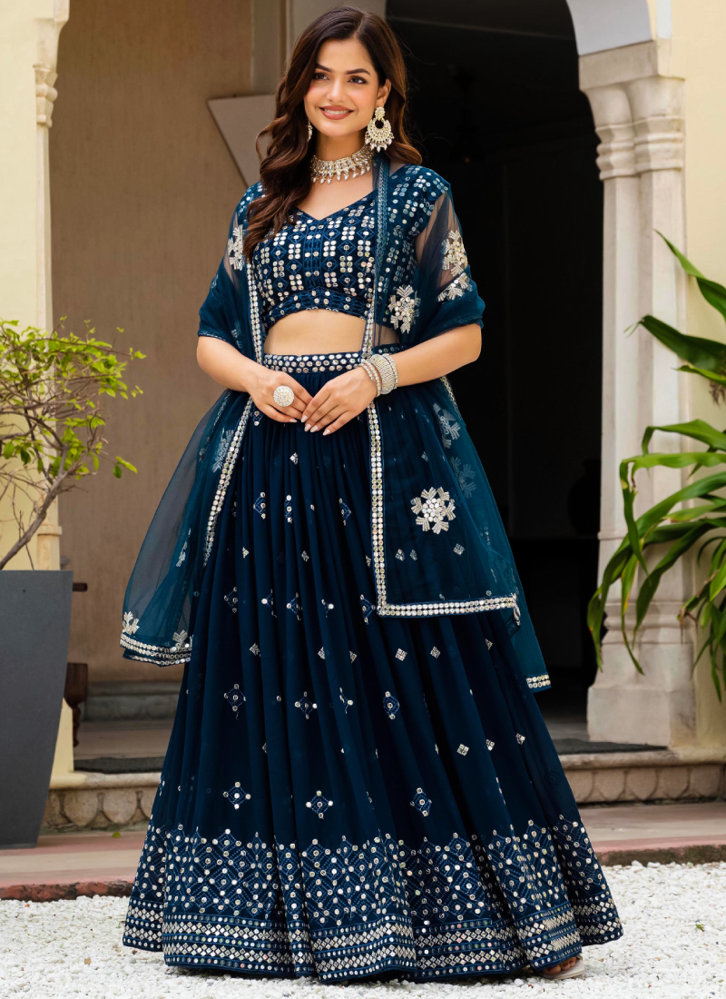 Sequence Embroidered Georgette Teal Blue Wedding Wear Lehenga Choli
