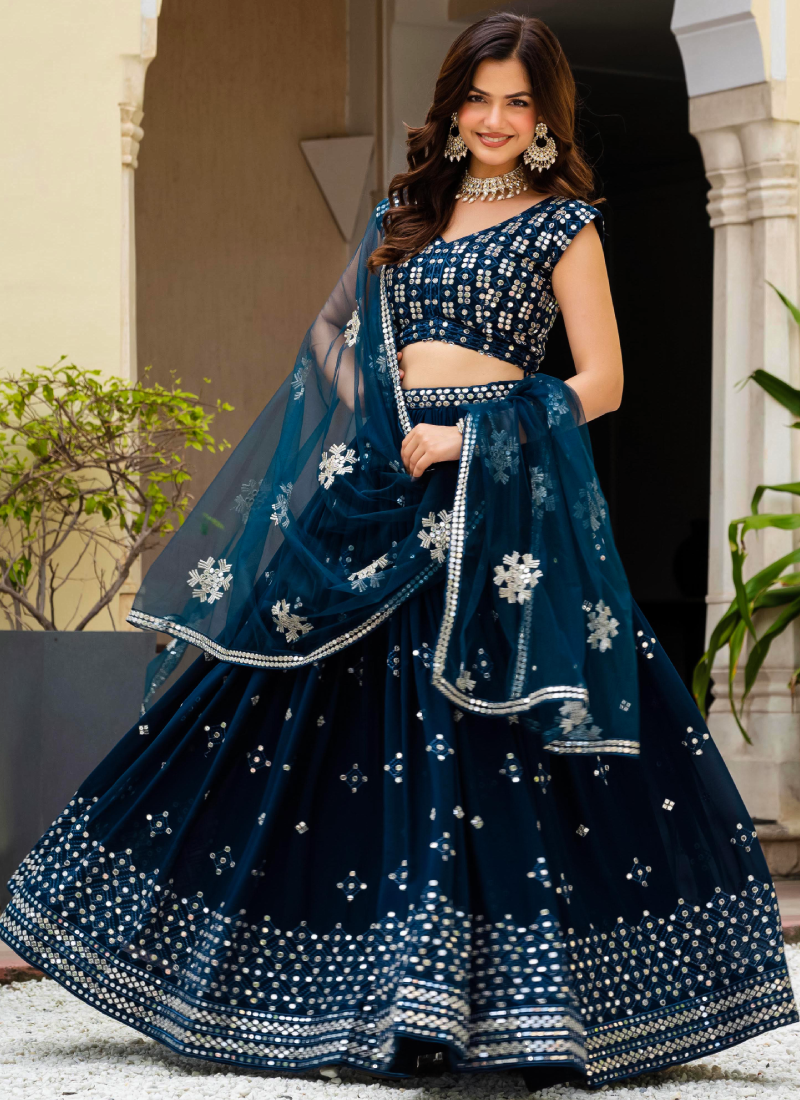 Sequence Embroidered Georgette Teal Blue Wedding Wear Lehenga Choli