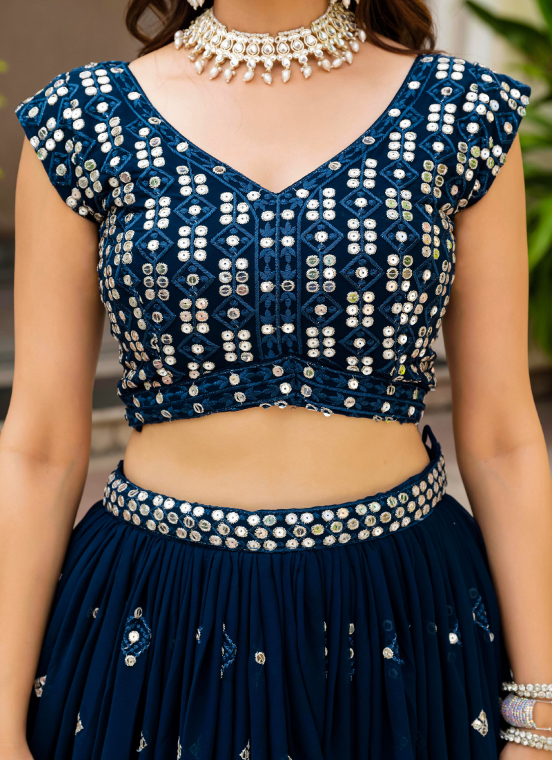 Sequence Embroidered Georgette Teal Blue Wedding Wear Lehenga Choli