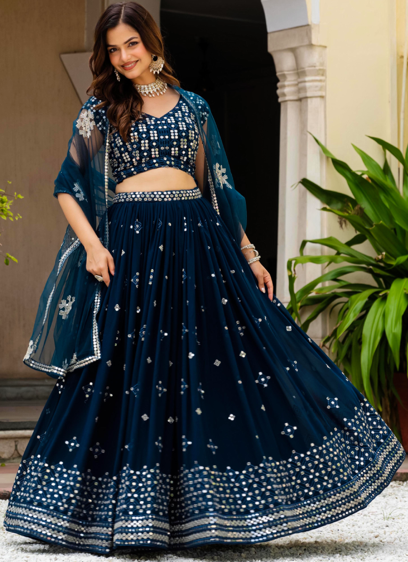 Sequence Embroidered Georgette Teal Blue Wedding Wear Lehenga Choli
