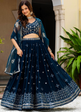 Sequence Embroidered Georgette Teal Blue Wedding Wear Lehenga Choli