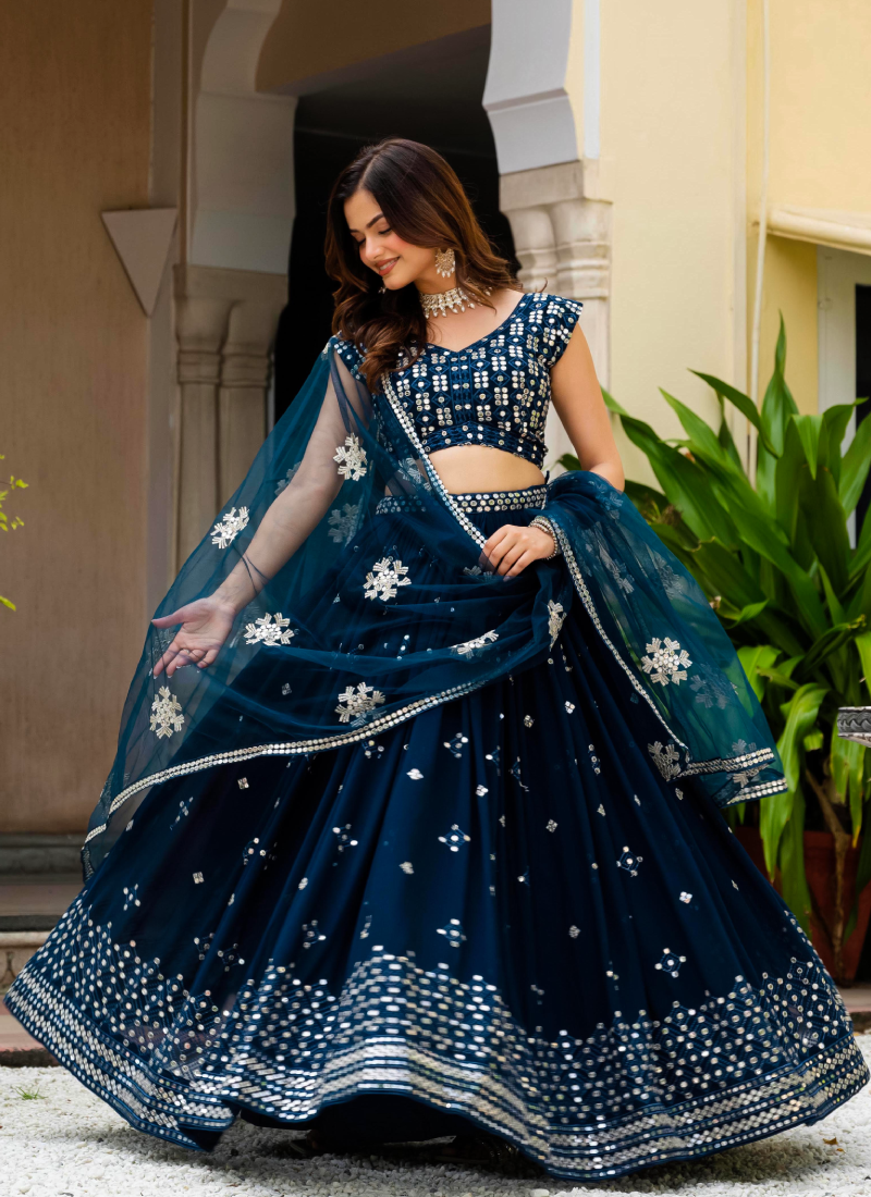 Sequence Embroidered Georgette Teal Blue Wedding Wear Lehenga Choli