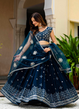 Sequence Embroidered Georgette Teal Blue Wedding Wear Lehenga Choli