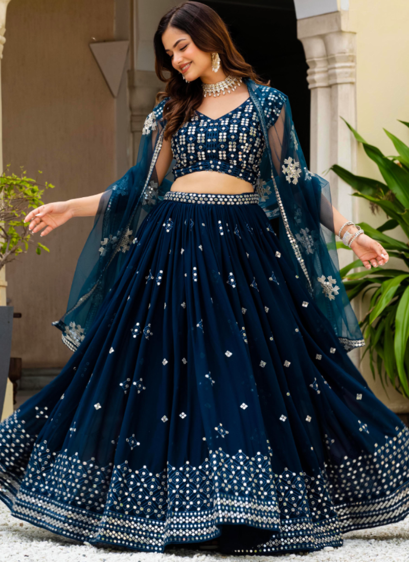 Sequence Embroidered Georgette Teal Blue Wedding Wear Lehenga Choli