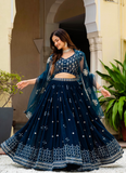 Sequence Embroidered Georgette Teal Blue Wedding Wear Lehenga Choli