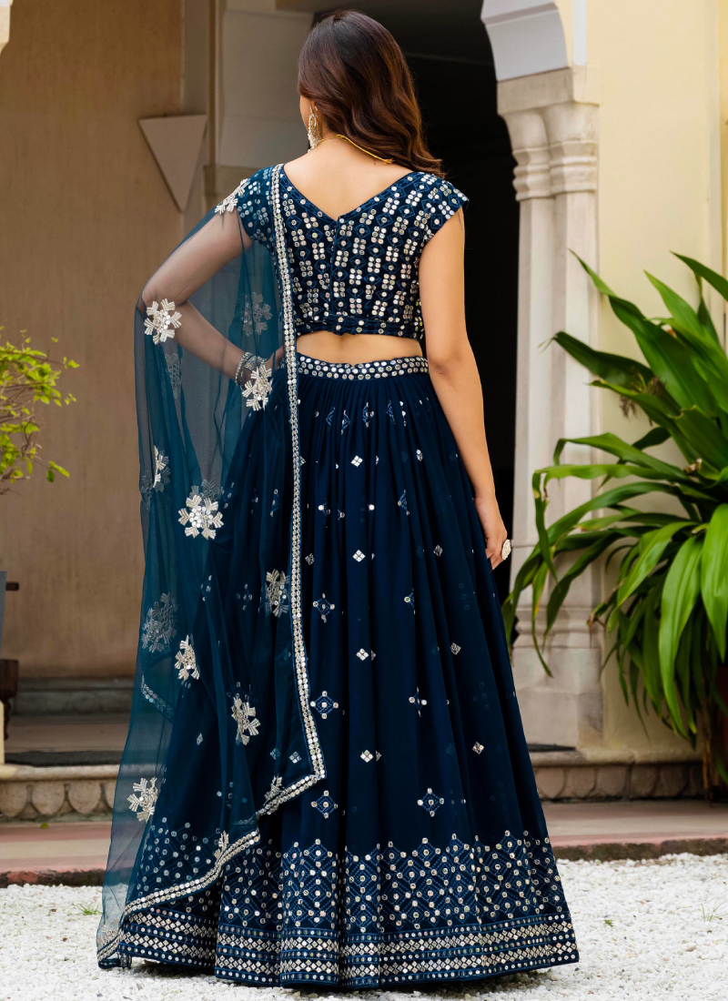 Sequence Embroidered Georgette Teal Blue Wedding Wear Lehenga Choli