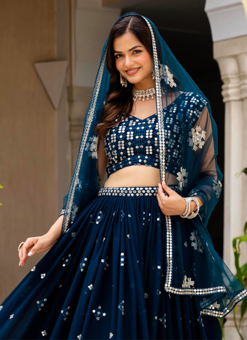 Sequence Embroidered Georgette Teal Blue Wedding Wear Lehenga Choli