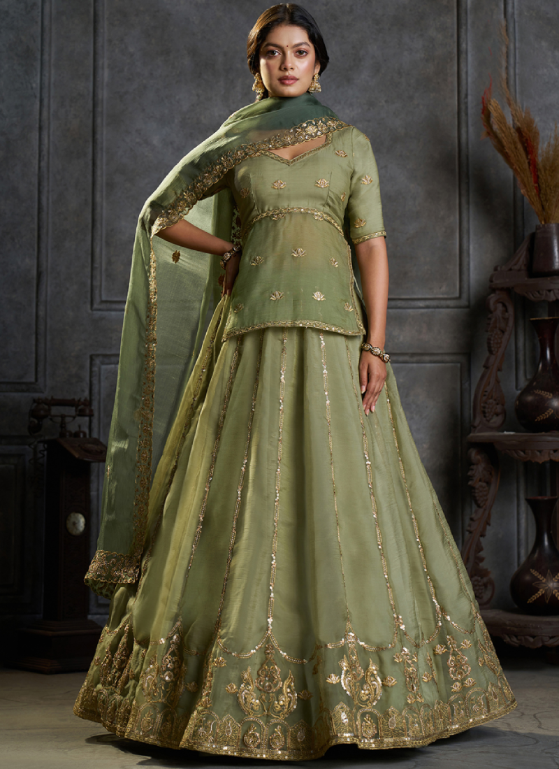 Sequence Embroidered Green Pure Organza lehenga choli With Dupatta