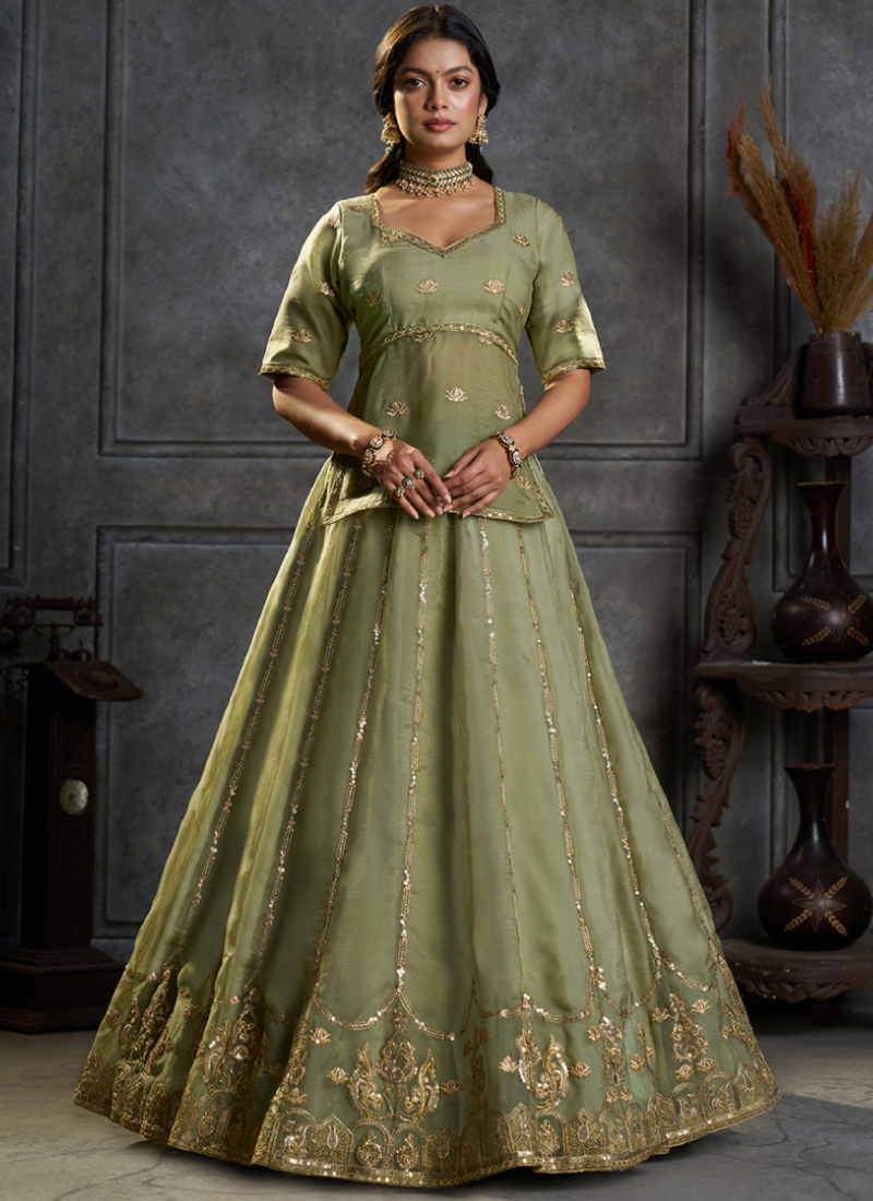 Sequence Embroidered Green Pure Organza lehenga choli With Dupatta