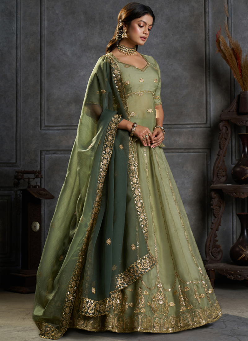 Sequence Embroidered Green Pure Organza lehenga choli With Dupatta