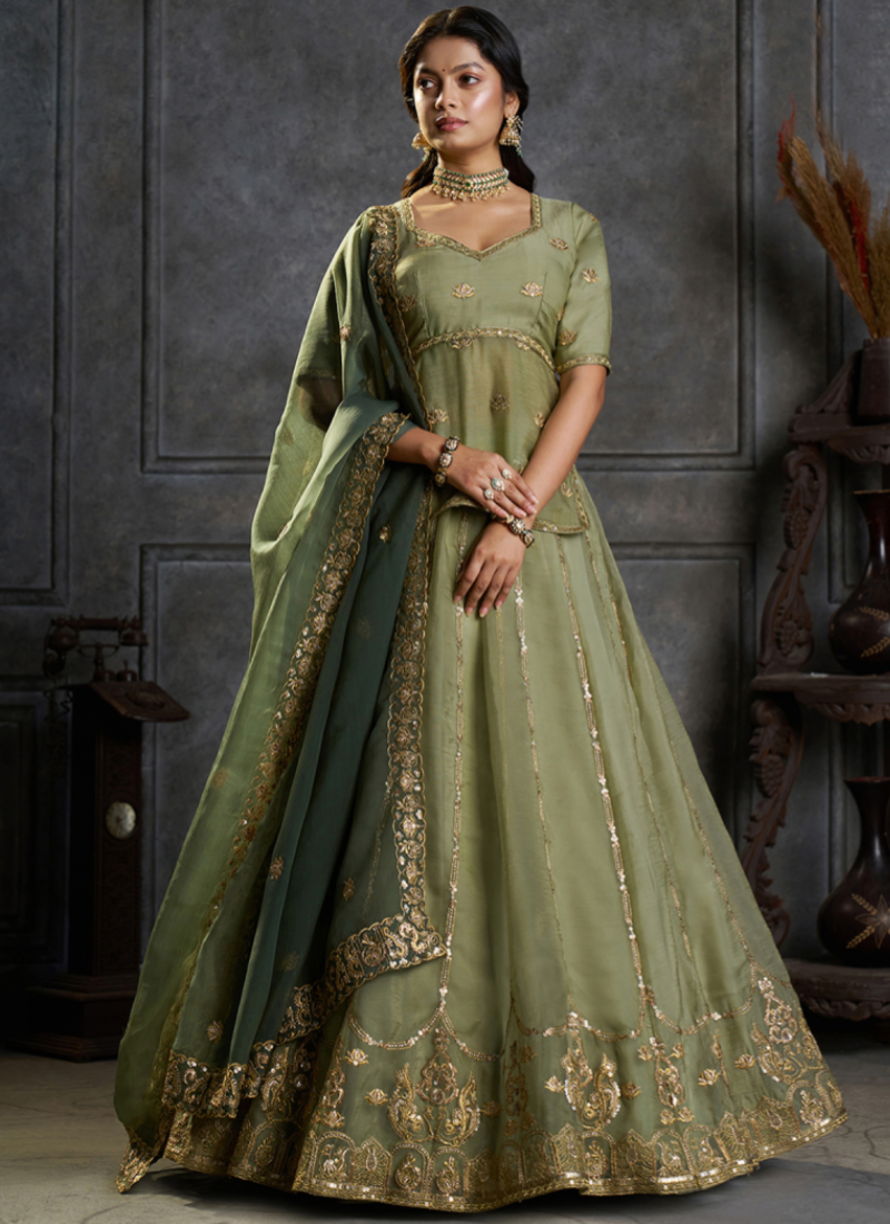 Sequence Embroidered Green Pure Organza lehenga choli With Dupatta