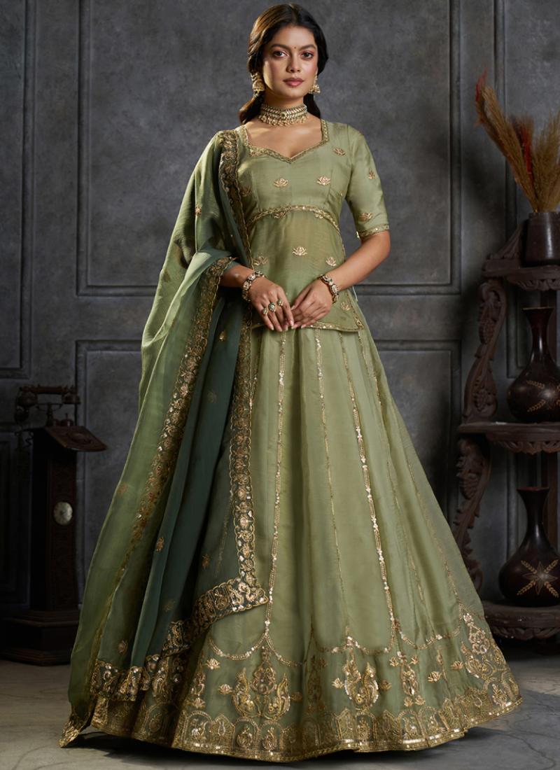 Sequence Embroidered Green Pure Organza lehenga choli With Dupatta