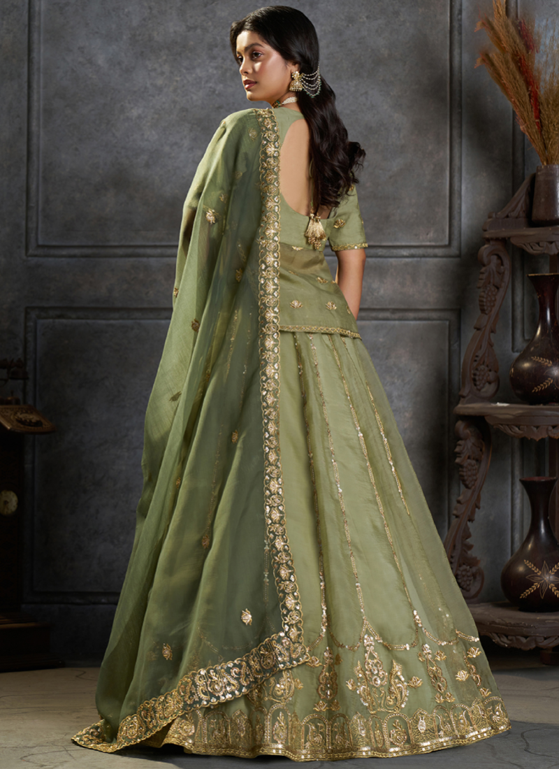 Sequence Embroidered Green Pure Organza lehenga choli With Dupatta