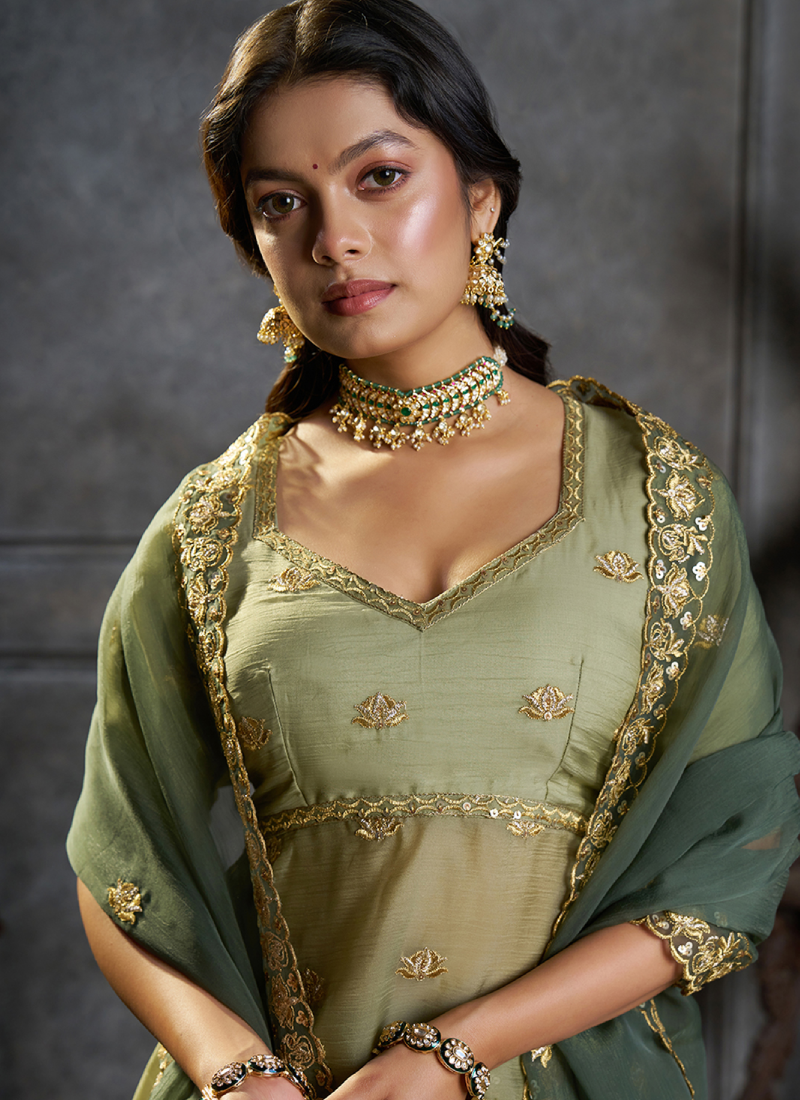 Sequence Embroidered Green Pure Organza lehenga choli With Dupatta