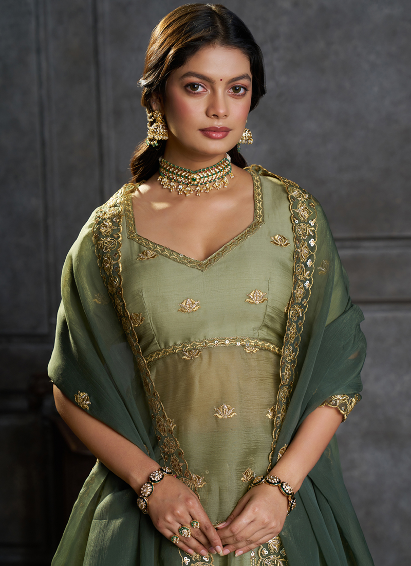 Sequence Embroidered Green Pure Organza lehenga choli With Dupatta