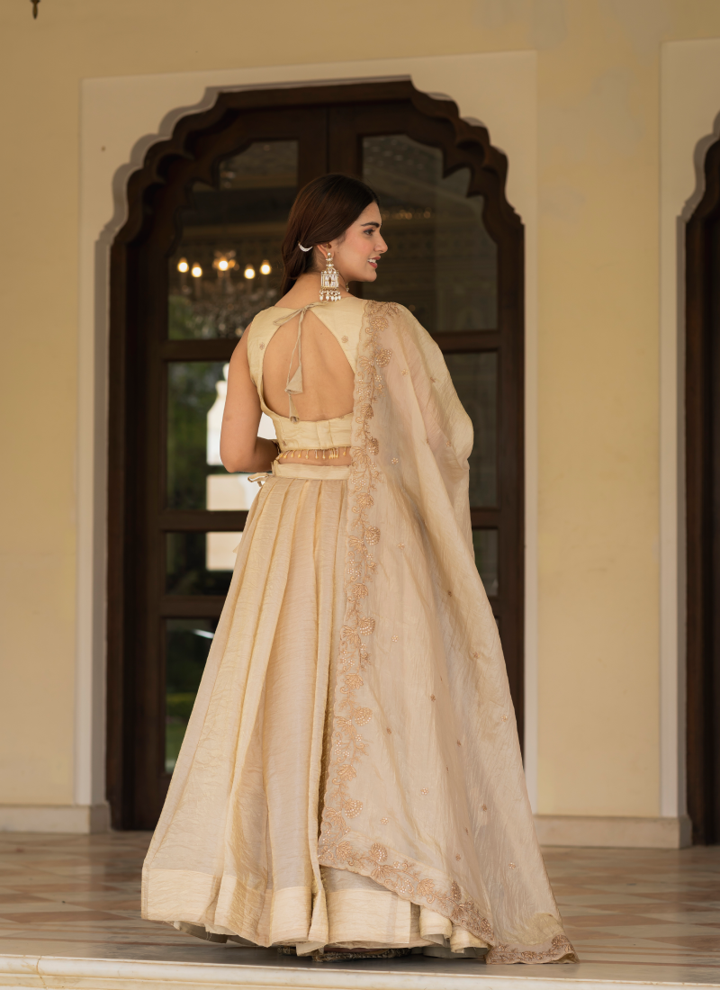 Sequence Embroidered Heavy Blouse With Golden Plain Lehenga Set