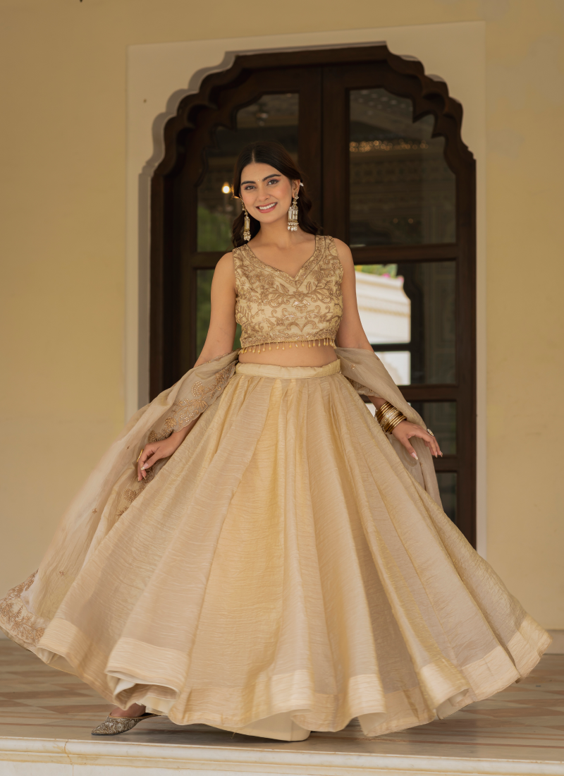 Sequence Embroidered Heavy Blouse With Golden Plain Lehenga Set
