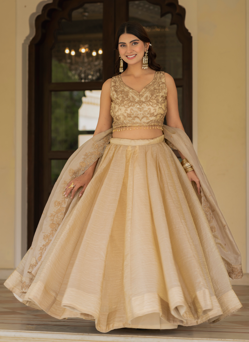 Sequence Embroidered Heavy Blouse With Golden Plain Lehenga Set