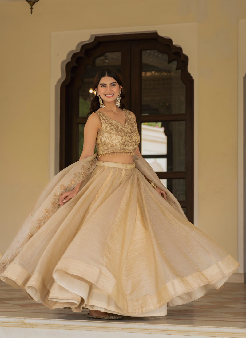 Sequence Embroidered Heavy Blouse With Golden Plain Lehenga Set