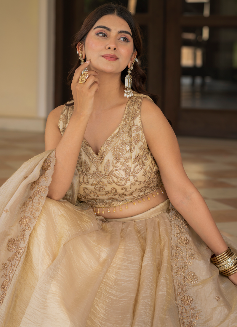 Sequence Embroidered Heavy Blouse With Golden Plain Lehenga Set