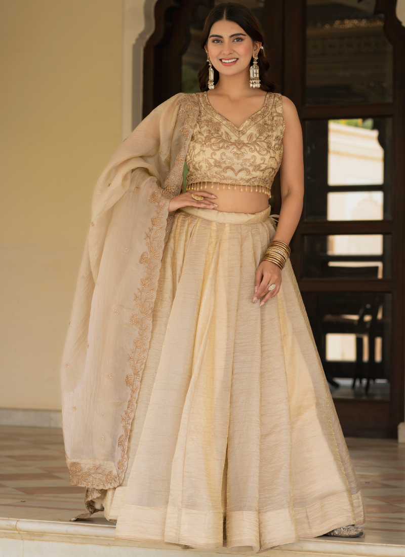 Sequence Embroidered Heavy Blouse With Golden Plain Lehenga Set