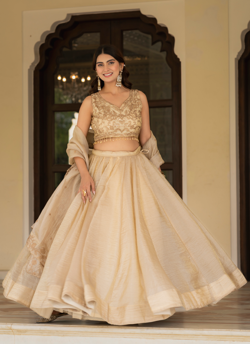 Sequence Embroidered Heavy Blouse With Golden Plain Lehenga Set
