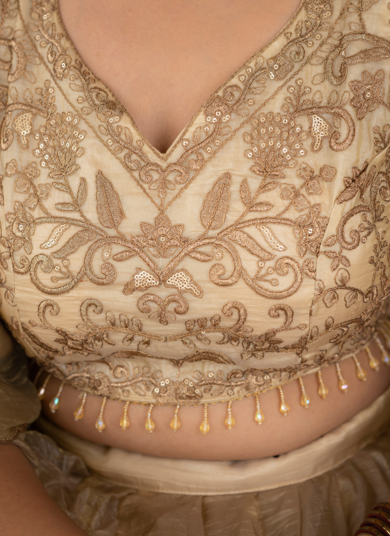 Sequence Embroidered Heavy Blouse With Golden Plain Lehenga Set