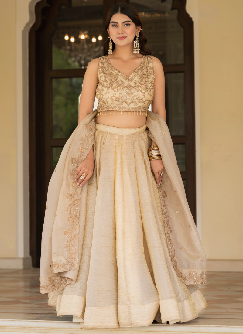 Sequence Embroidered Heavy Blouse With Golden Plain Lehenga Set