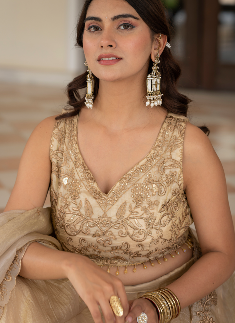 Sequence Embroidered Heavy Blouse With Golden Plain Lehenga Set