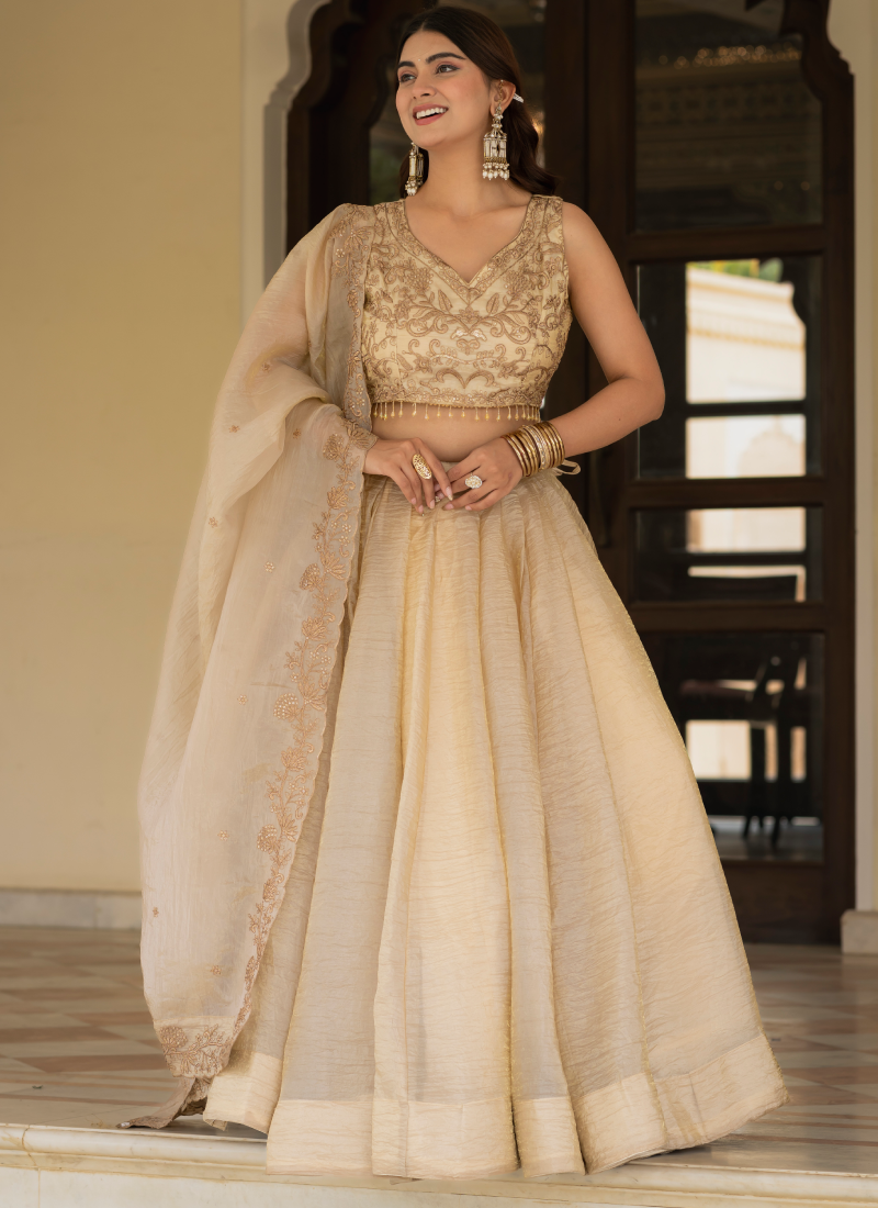 Sequence Embroidered Heavy Blouse With Golden Plain Lehenga Set
