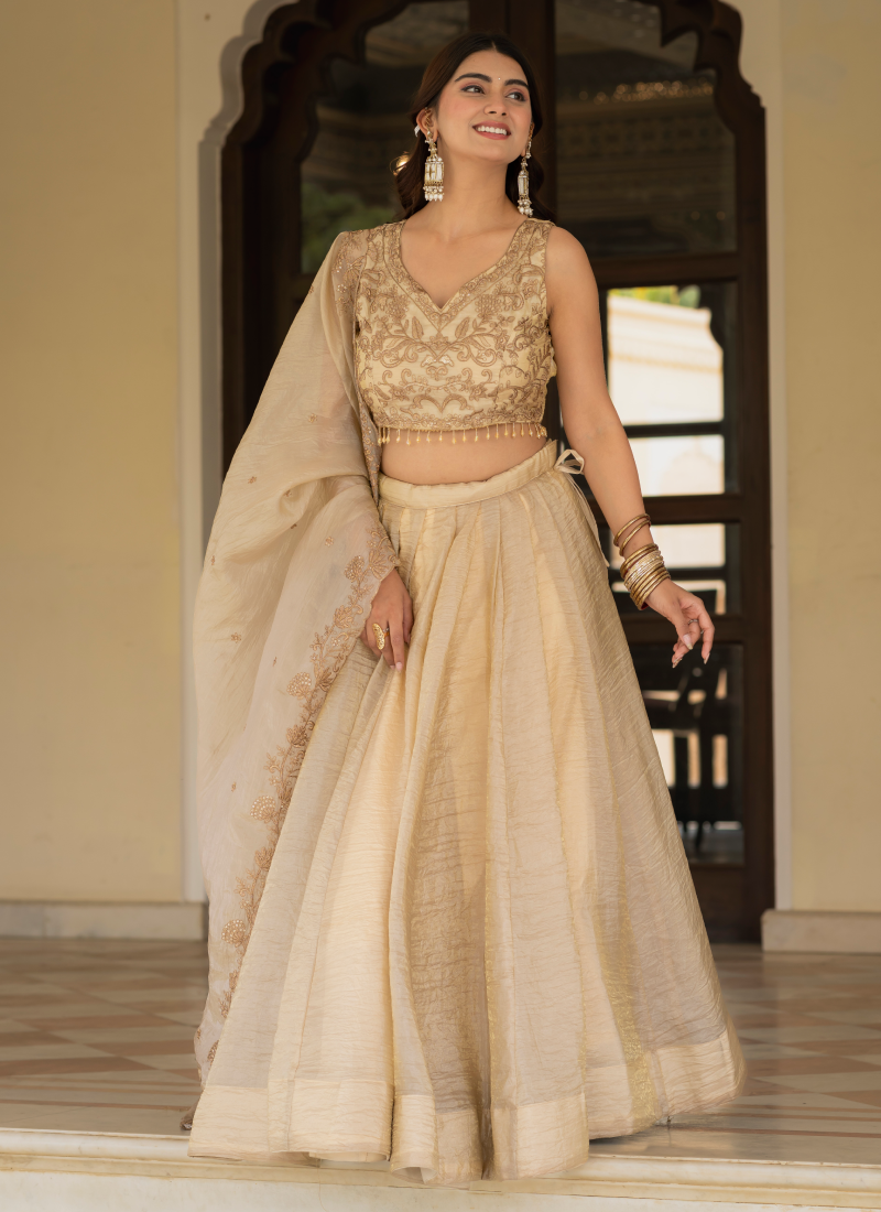 Sequence Embroidered Heavy Blouse With Golden Plain Lehenga Set