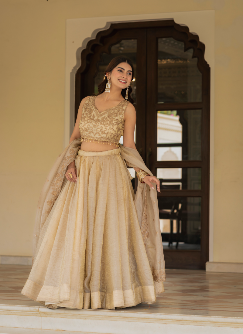 Sequence Embroidered Heavy Blouse With Golden Plain Lehenga Set