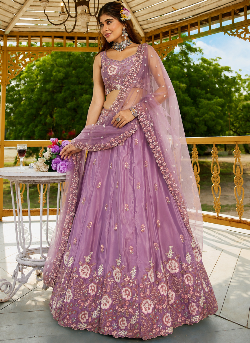 Sequence Embroidered Lavender French Crepe Wedding Wear Lehenga Choli