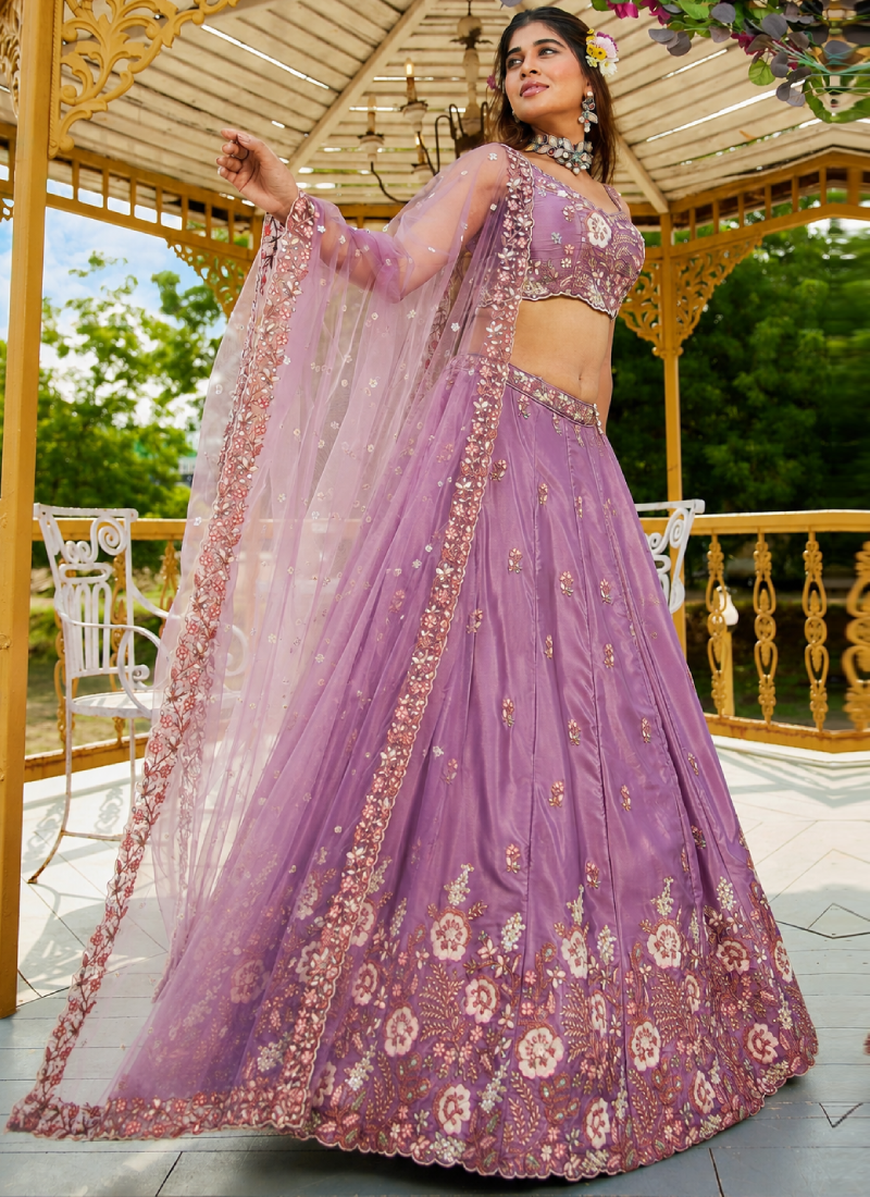 Sequence Embroidered Lavender French Crepe Wedding Wear Lehenga Choli