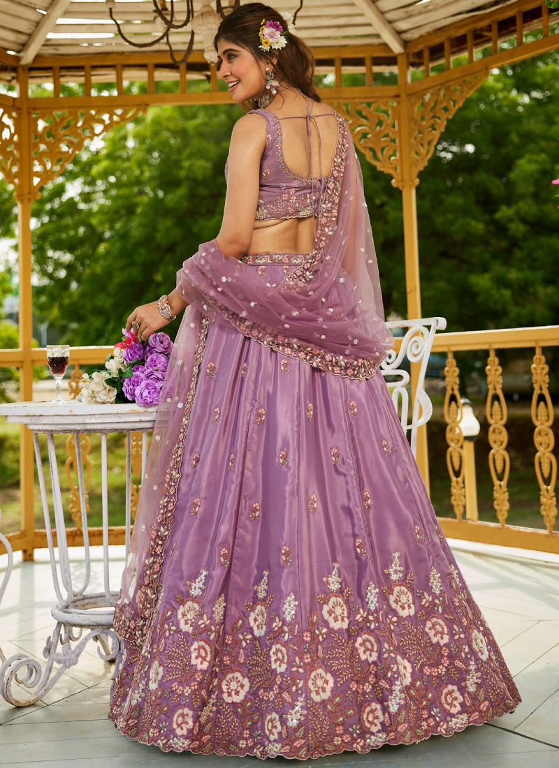 Sequence Embroidered Lavender French Crepe Wedding Wear Lehenga Choli