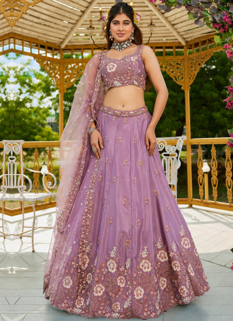 Sequence Embroidered Lavender French Crepe Wedding Wear Lehenga Choli