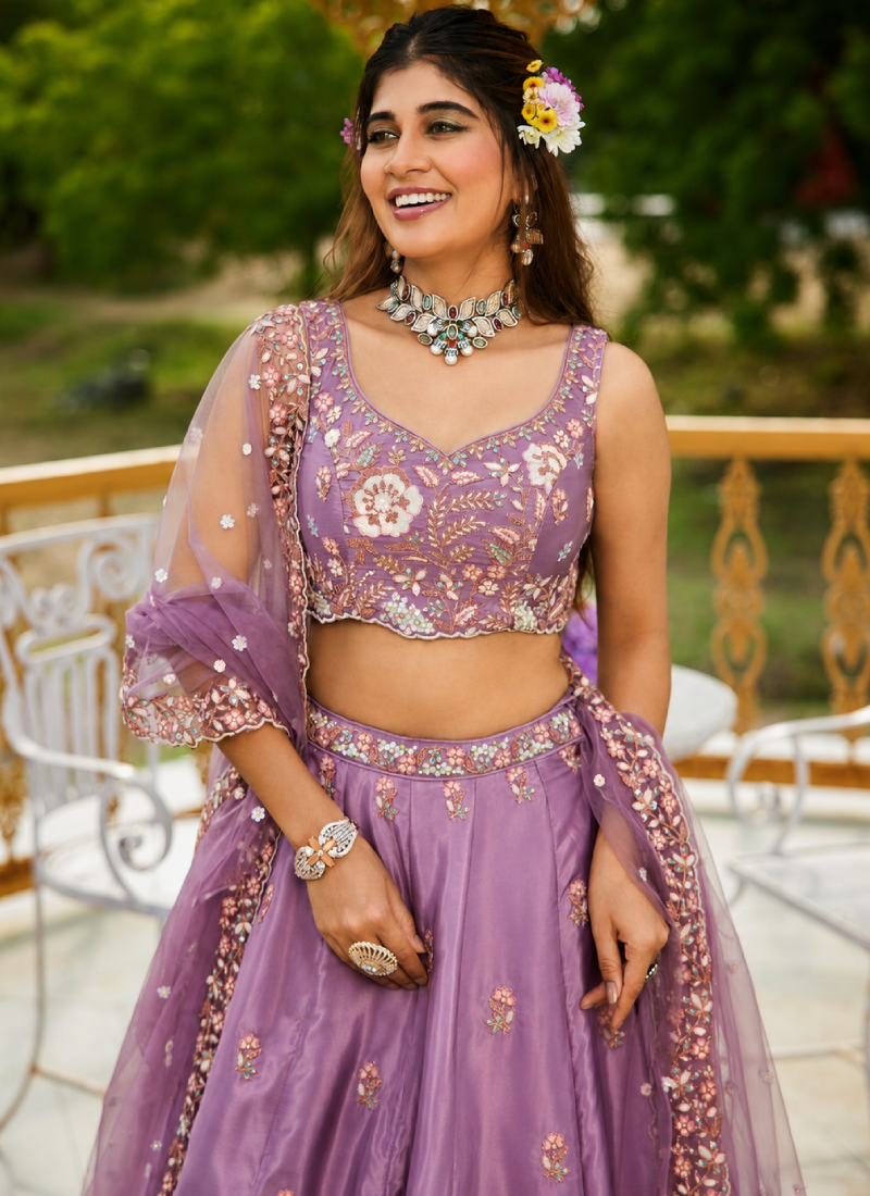 Sequence Embroidered Lavender French Crepe Wedding Wear Lehenga Choli