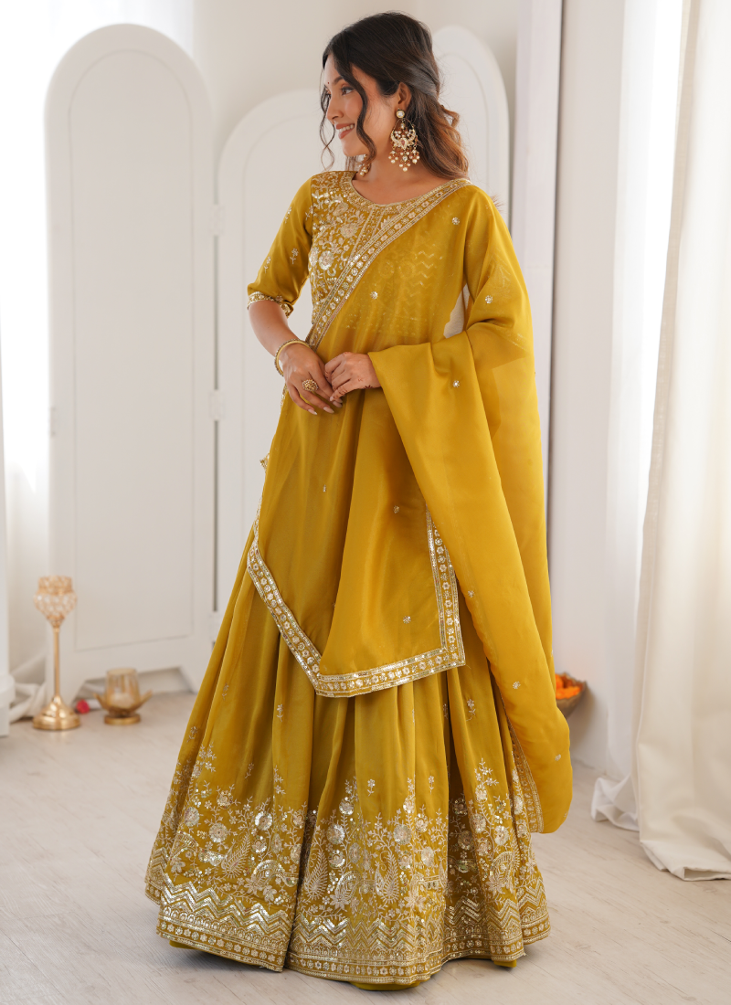 Sequence Embroidered Shimmer Silk Haldi Special Yellow Lehenga Choli