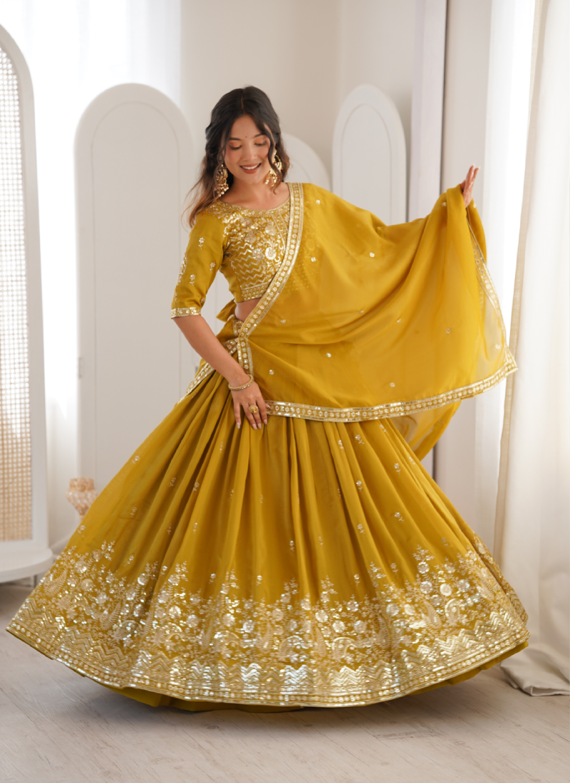 Sequence Embroidered Shimmer Silk Haldi Special Yellow Lehenga Choli