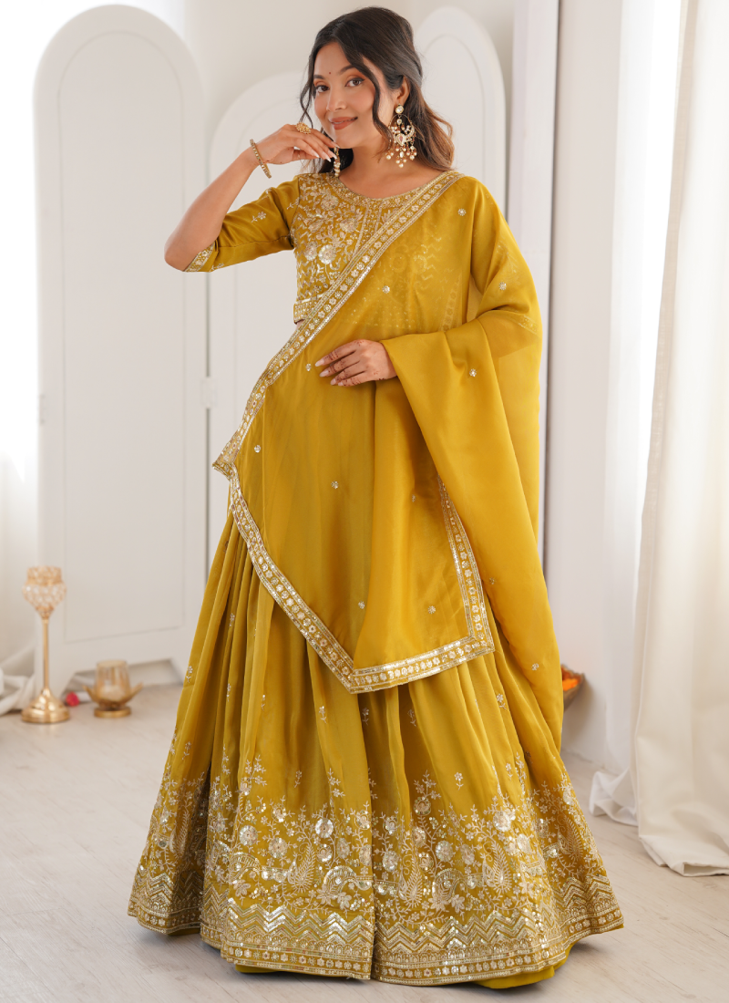Sequence Embroidered Shimmer Silk Haldi Special Yellow Lehenga Choli
