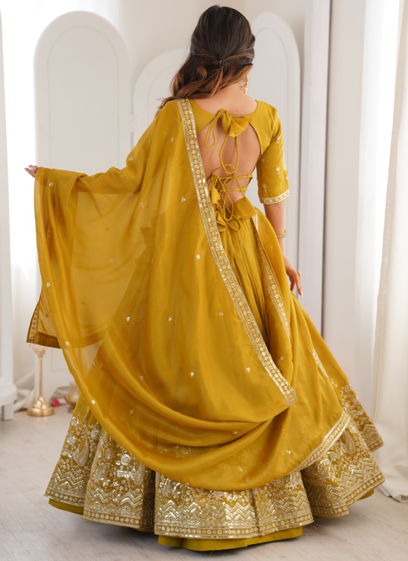 Sequence Embroidered Shimmer Silk Haldi Special Yellow Lehenga Choli