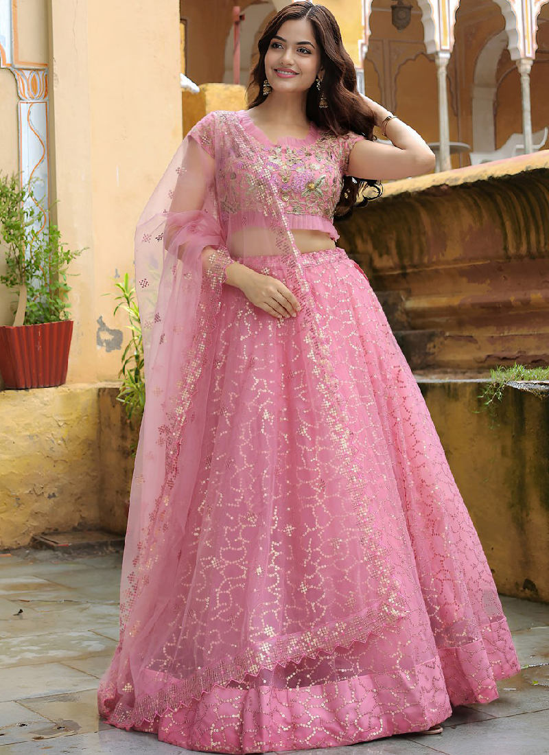 Sequence Embroidered Soft Net Pink Reception Wear Lehenga Choli Set