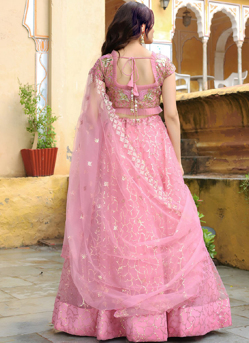 Sequence Embroidered Soft Net Pink Reception Wear Lehenga Choli Set