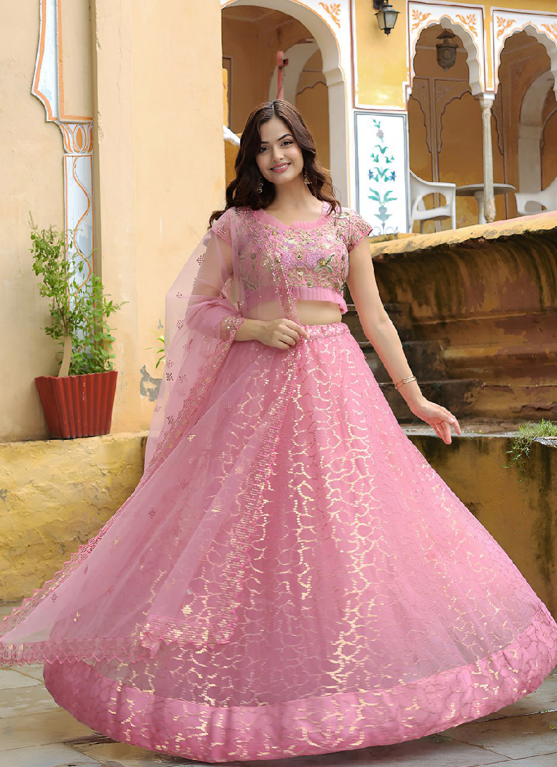Sequence Embroidered Soft Net Pink Reception Wear Lehenga Choli Set