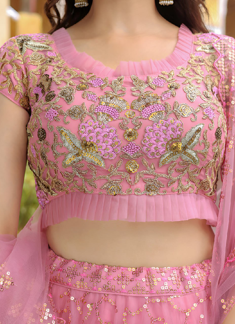 Sequence Embroidered Soft Net Pink Reception Wear Lehenga Choli Set