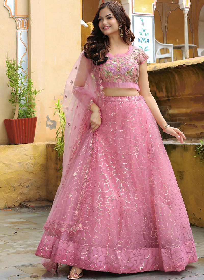 Sequence Embroidered Soft Net Pink Reception Wear Lehenga Choli Set