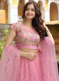 Sequence Embroidered Soft Net Pink Reception Wear Lehenga Choli Set